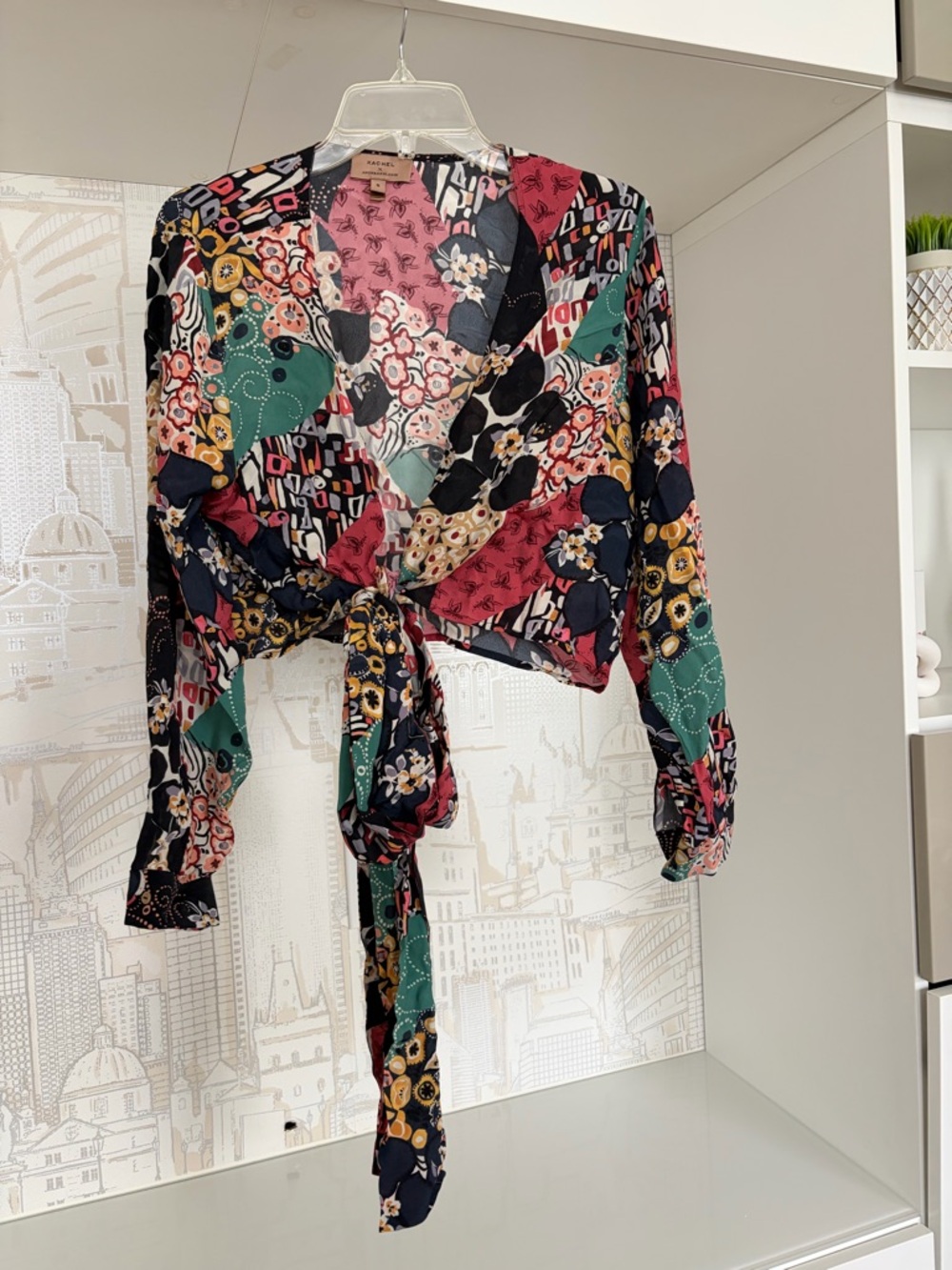 Anthropologie Patchwork Floral Tie-Front Blouse - Navy, Green, Burgundy